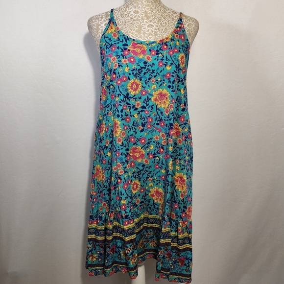 Qearal Women SZ S Floral Print Sleeveless Adjustable Strap Pockets Dress Beach - Picture 2 of 16